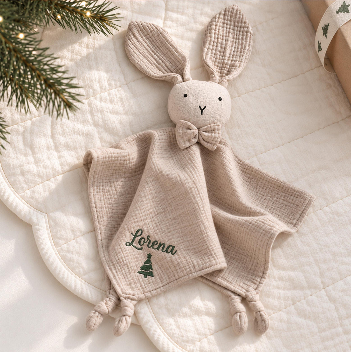 Personalized Christmas Bunny Lovey, Organic Cotton Baby Comforter, Custom Name Embroidered Baby Christmas Gift