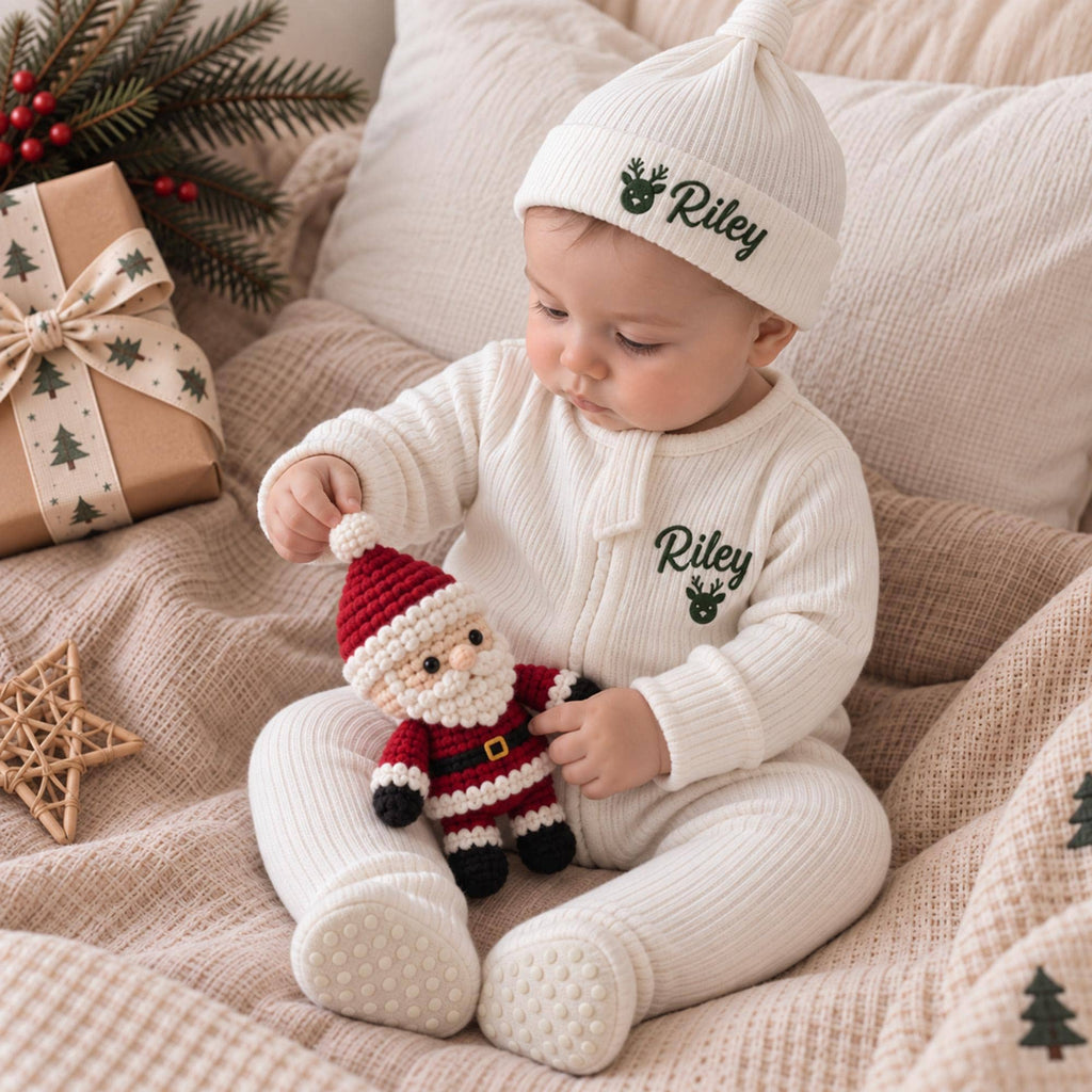Personalized Baby Christmas Romper & Hat Set, Embroidered Name, First Holiday Outfit