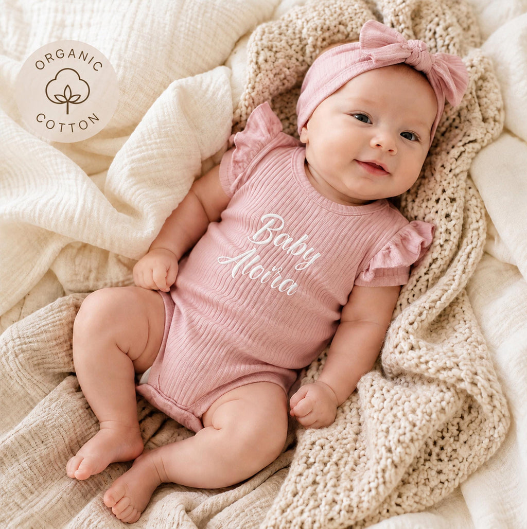 Personalized Organic Cotton Baby Bodysuit and Headband Set, Newborn Coming Home Outfit