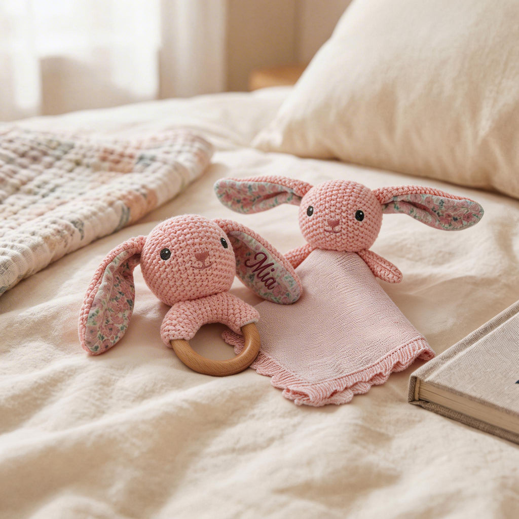 Personalized Bunny Lovey Set | Crochet Bunny Rattle Toy | Custom Name Baby Gift | Newborn Gift Girl | Baby Shower Gift