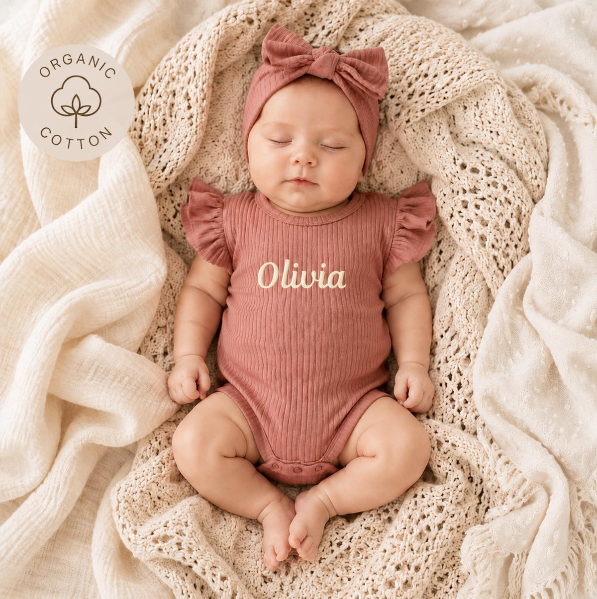 Personalized Organic Cotton Baby Bodysuit and Headband Set, Newborn Coming Home Outfit