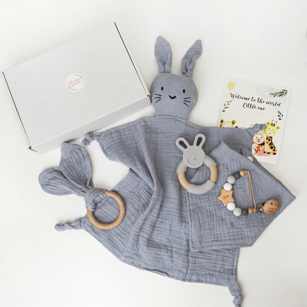 Personalized Bunny Lovey Gift Set – Embroidered Name, Pacifier Clip & Silicone Toy