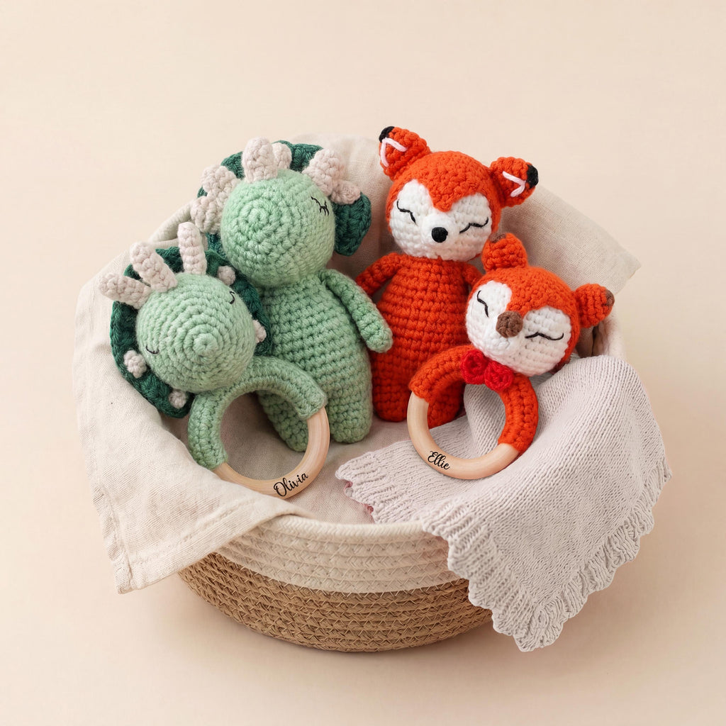 Personalized Crochet Baby Toy | Custom Name Plush or 2pcs Set | Handmade Animal Wooden Ring Toy | Baby Shower Gift