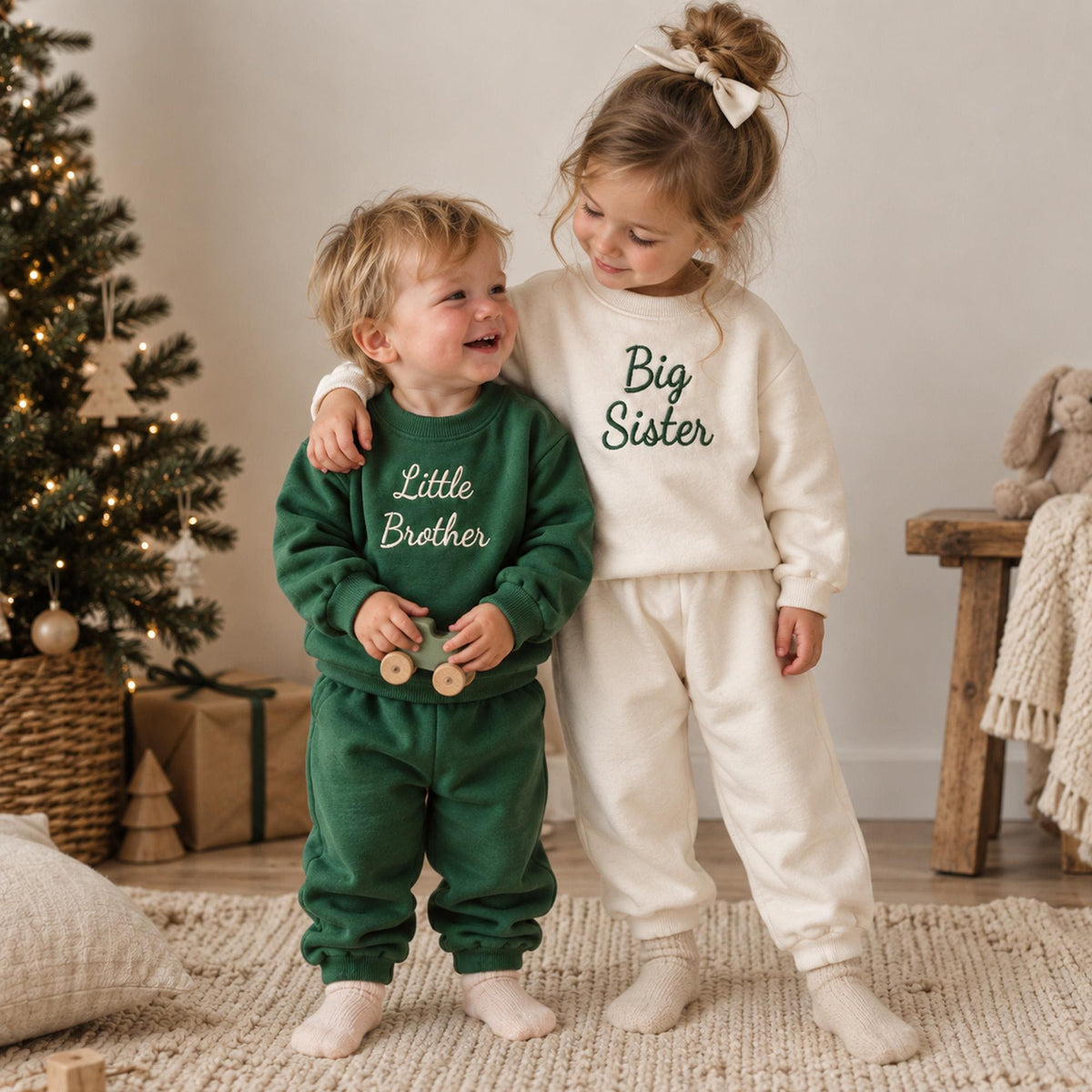 Organic Cotton Christmas Outfit for Kids, Personalized Matching Sibling Set, Brother Sister Christmas Outfit, Embroidered Sweatshirt Pants