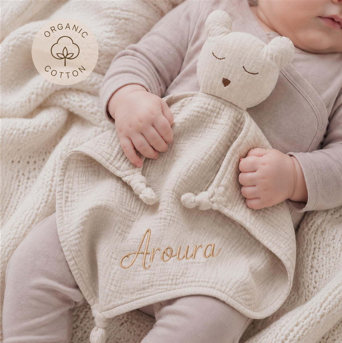Embroidered Organic Cotton Bear Lovey, Personalized Baby Gift
