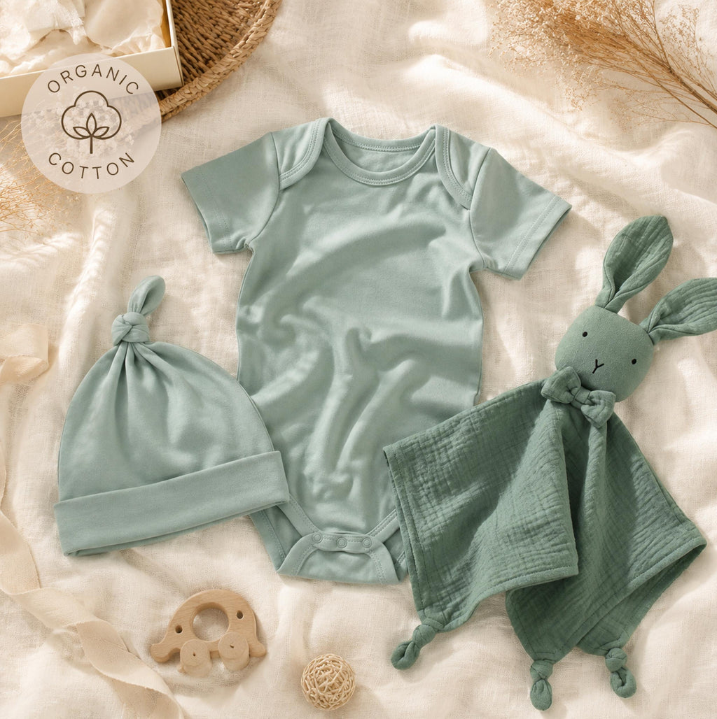 Personalized Organic Cotton Baby Gift Set, Embroidered Bodysuit, Hat, Bunny Lovey