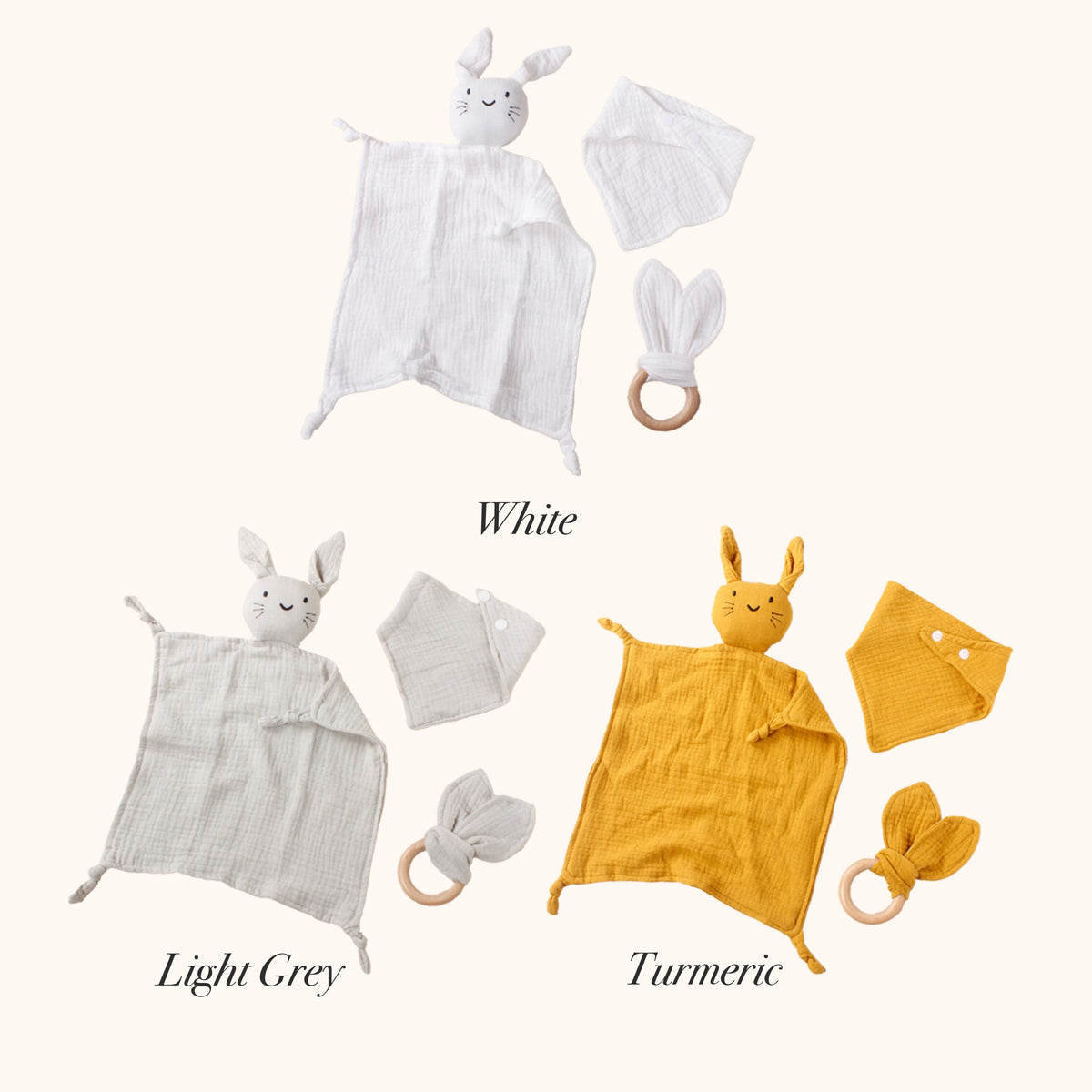 Baby Bunny Soothing Towel Set: Muslin Comforter, Bib & Teether Ring
