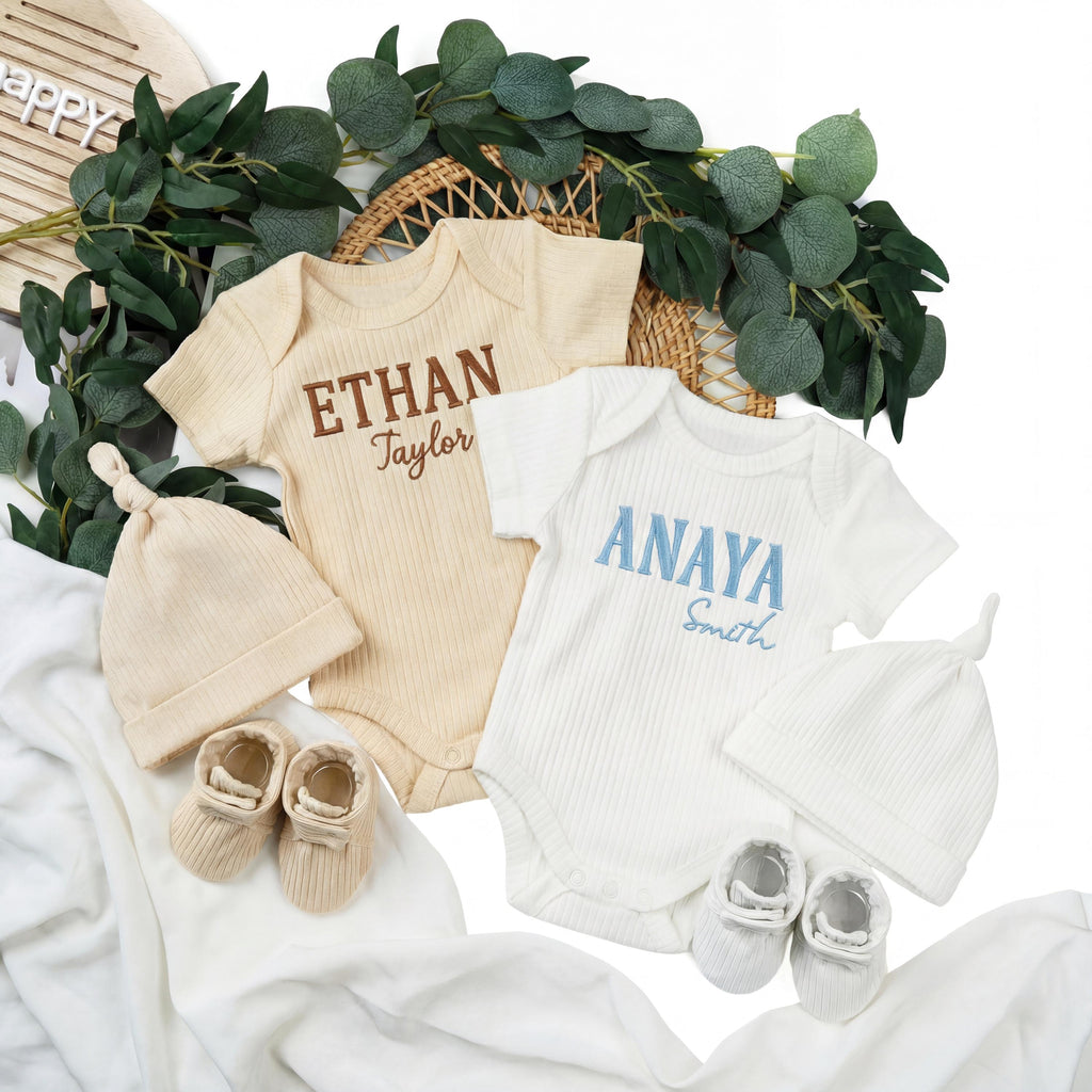 Embroidered Baby Outfit Set | Ribbed Cotton Bodysuit, Hat & Booties