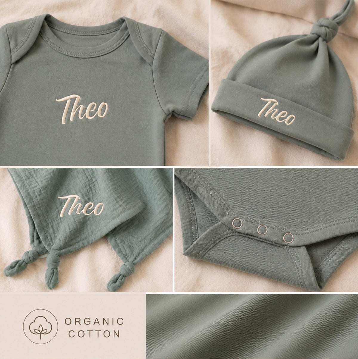 Personalized Organic Cotton Baby Gift Set, Embroidered Bodysuit, Hat, Bunny Lovey