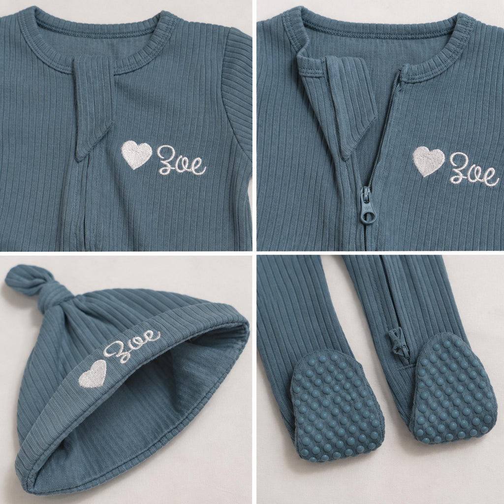 Personalized Baby Romper and Hat Set, Custom Name Organic Cotton Newborn Outfit, Embroidered Baby Gift