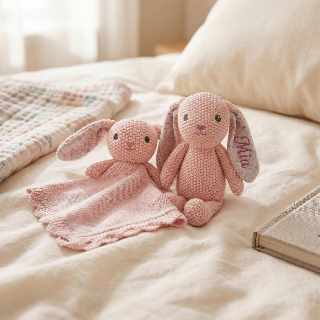 Personalized Crochet Bunny Lovey Set | Bunny Rattle Toy | Custom Name Baby Gift | Newborn Girl Gift | Baby Shower Gift