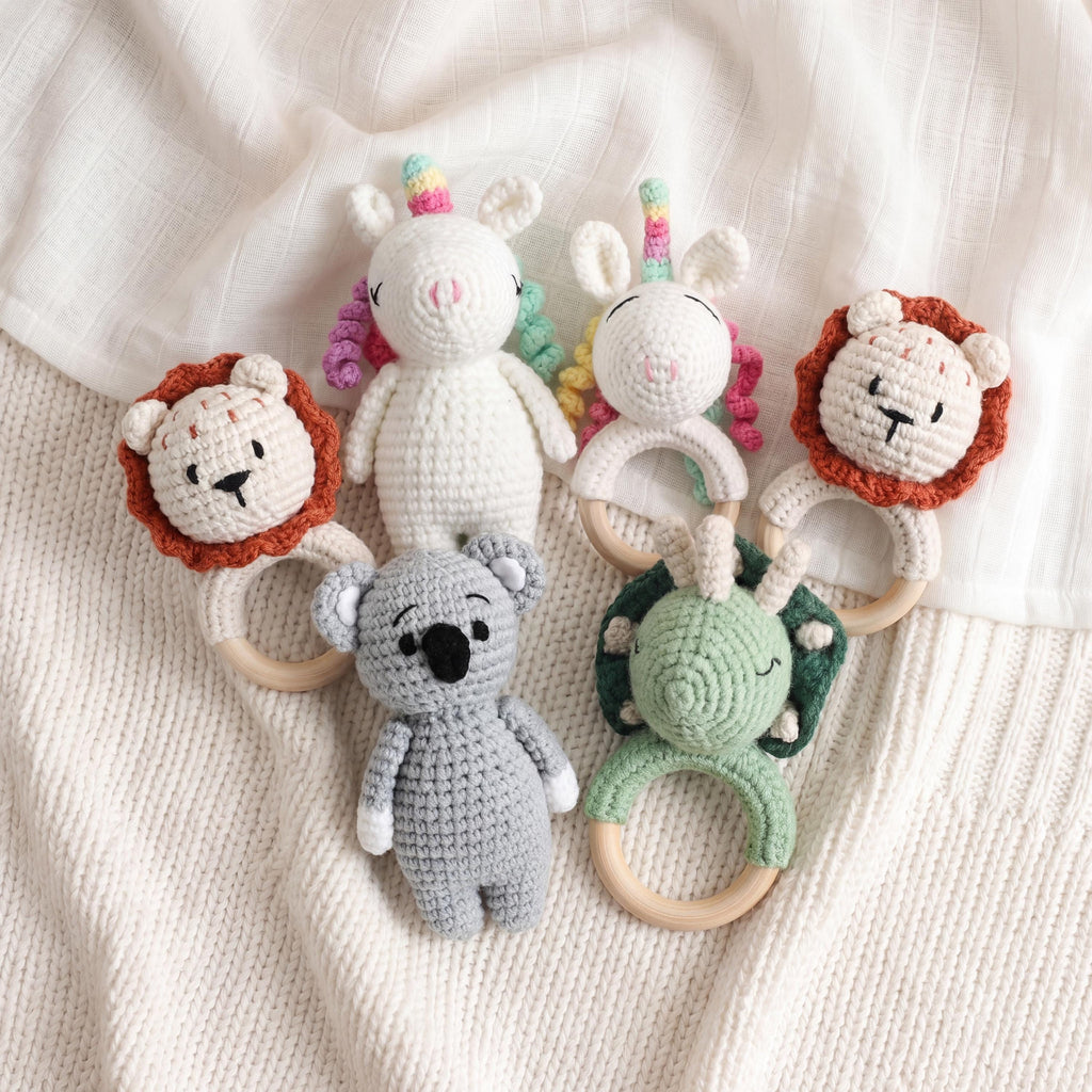 Personalized Crochet Baby Toy | Custom Name Plush or 2pcs Set | Handmade Animal Wooden Ring Toy | Baby Shower Gift
