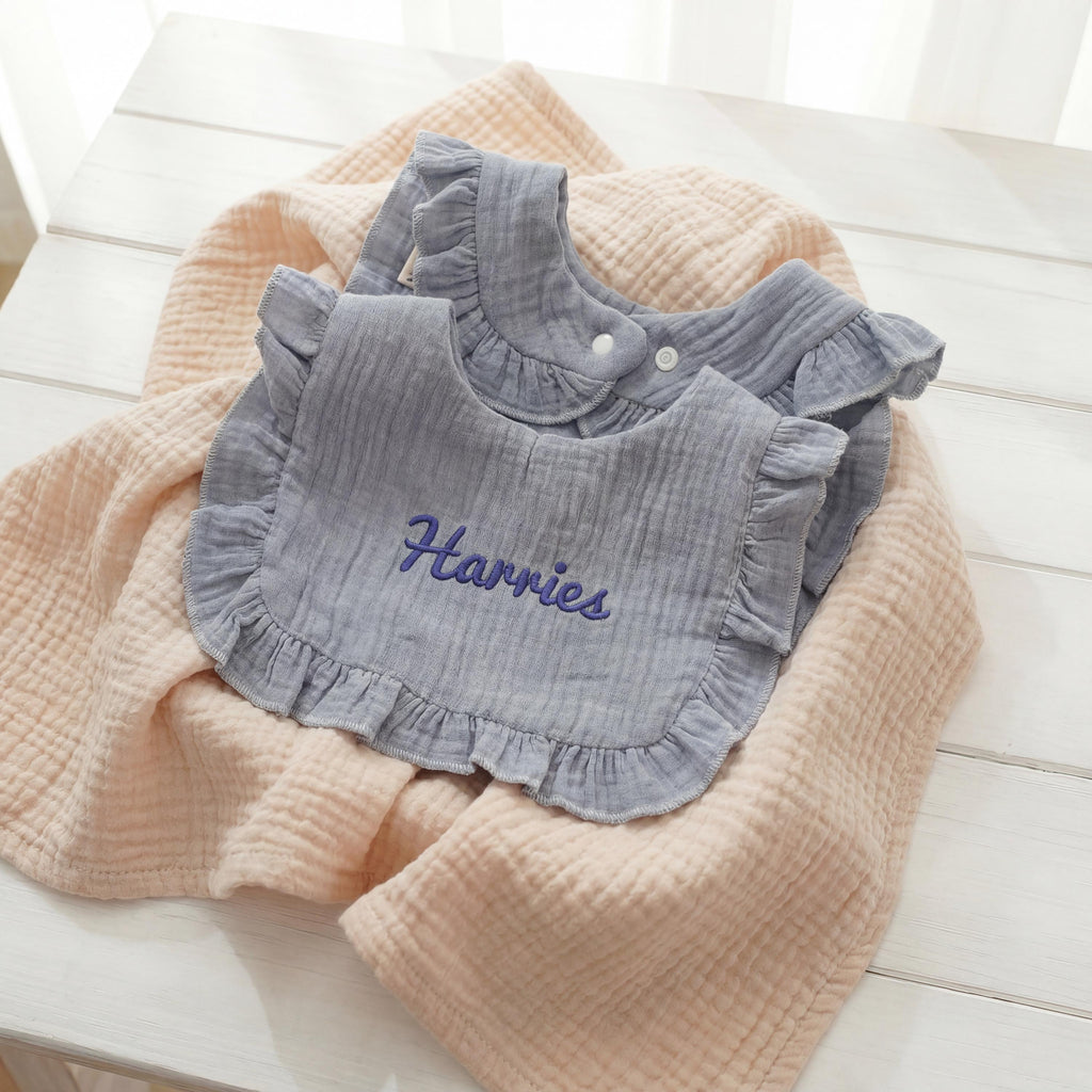 Personalized Muslin Baby Gift Set, Embroidered Bib & Pacifier Clip