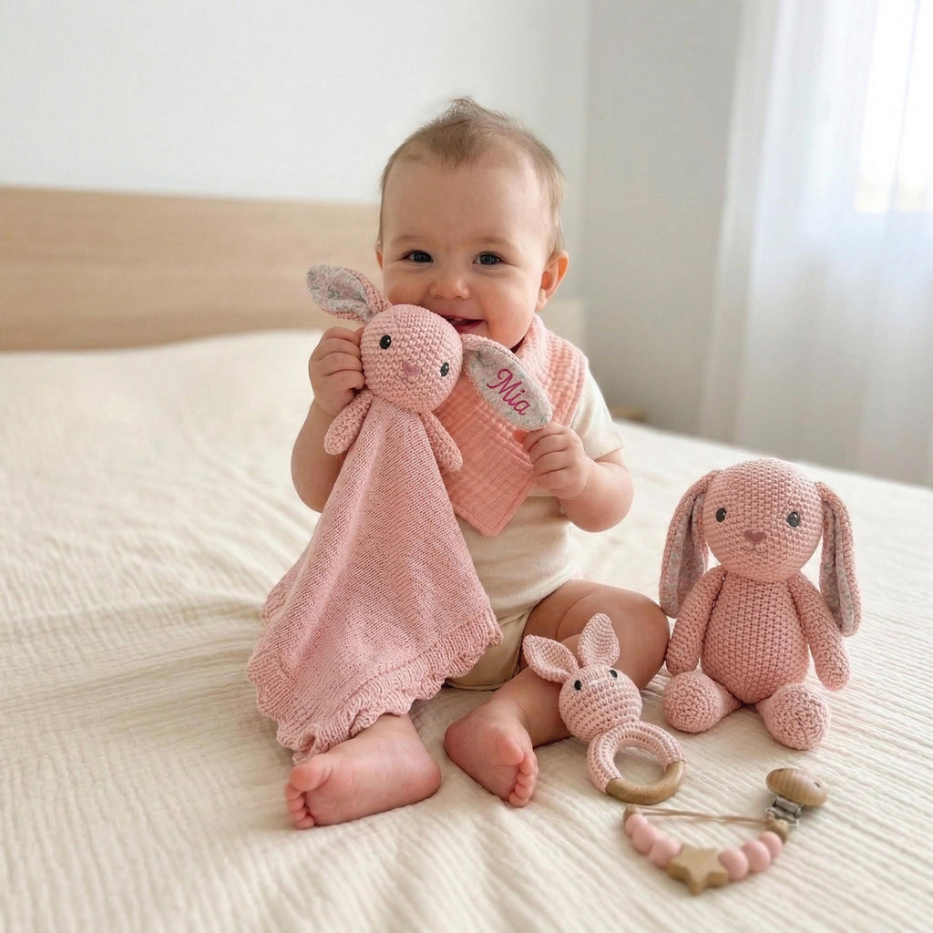 Personalized Crochet Bunny Lovey Set | Bunny Rattle Toy | Custom Name Baby Gift | Newborn Girl Gift | Baby Shower Gift