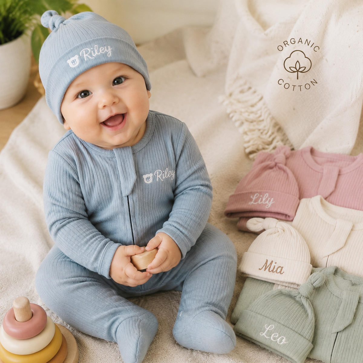 Personalized Baby Christmas Romper & Hat Set, Embroidered Name, First Holiday Outfit
