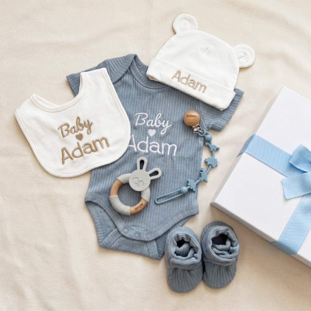 Personalized Baby Boy Gift Set | Organic Cotton Baby Bodysuit & Socks | Custom Name Newborn Gift Box | Baby Shower Gift Ready