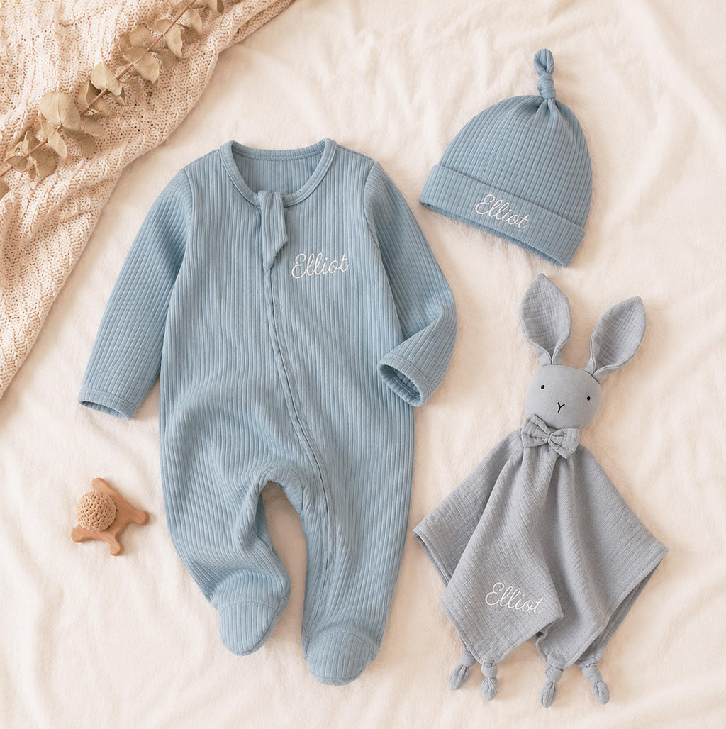 Personalized Baby Romper, Hat & Bunny Lovey Set, Newborn Gift (Organic Cotton)