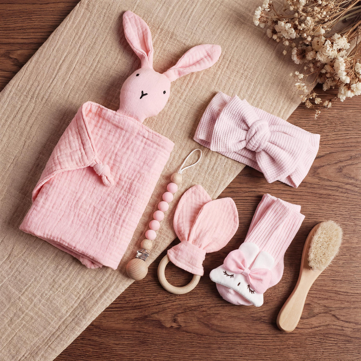 Personalized Bunny Lovey Gift Set: Embroidered Muslin, Pacifier Clip & Toy, Pink Bunny