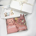 Personalized Embroidered Bunny Lovey Gift Set – Muslin, Pacifier Clip, Toy, Bib