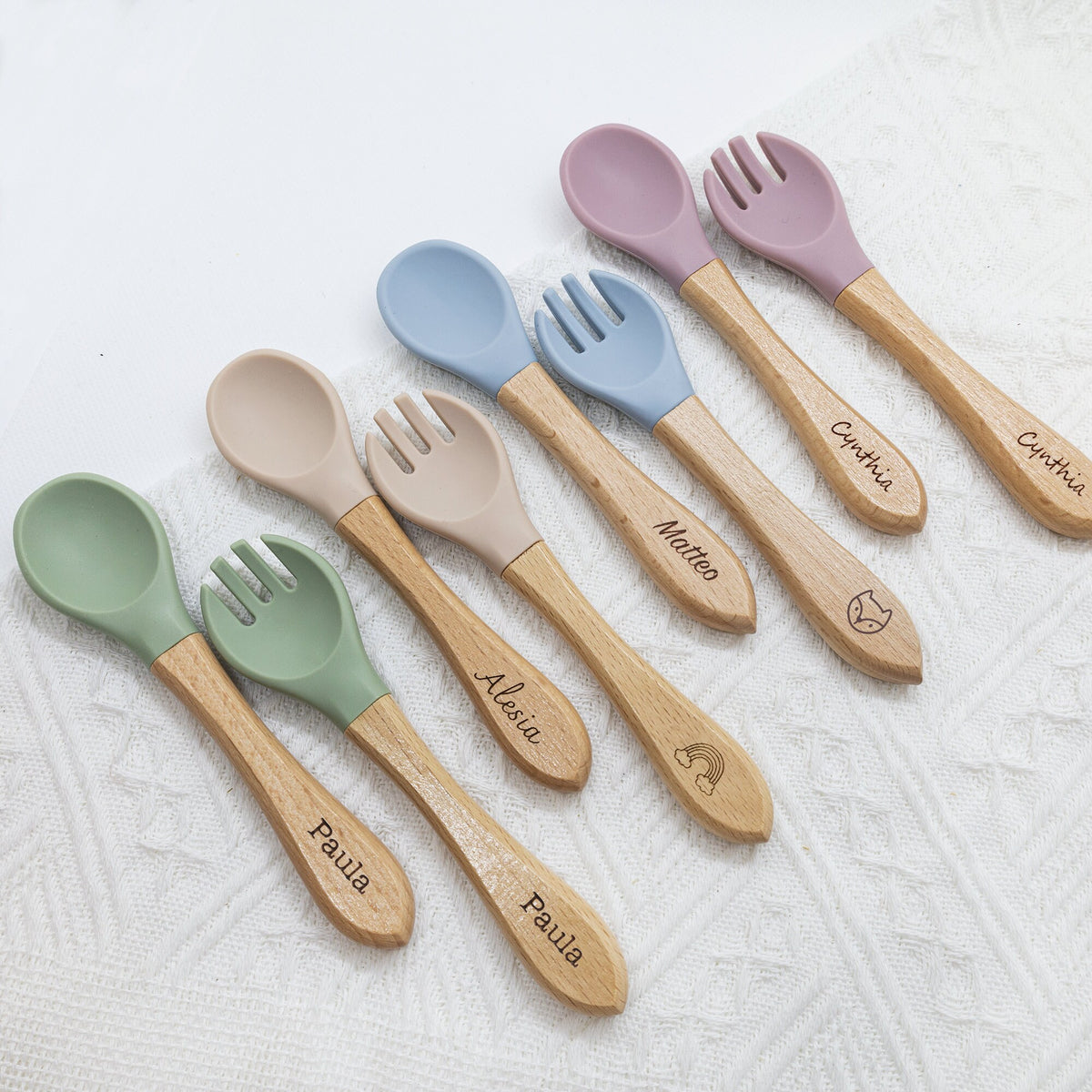 Personalized Silicone Baby Spoon and Fork Set, Wood Handle,baby shower gift