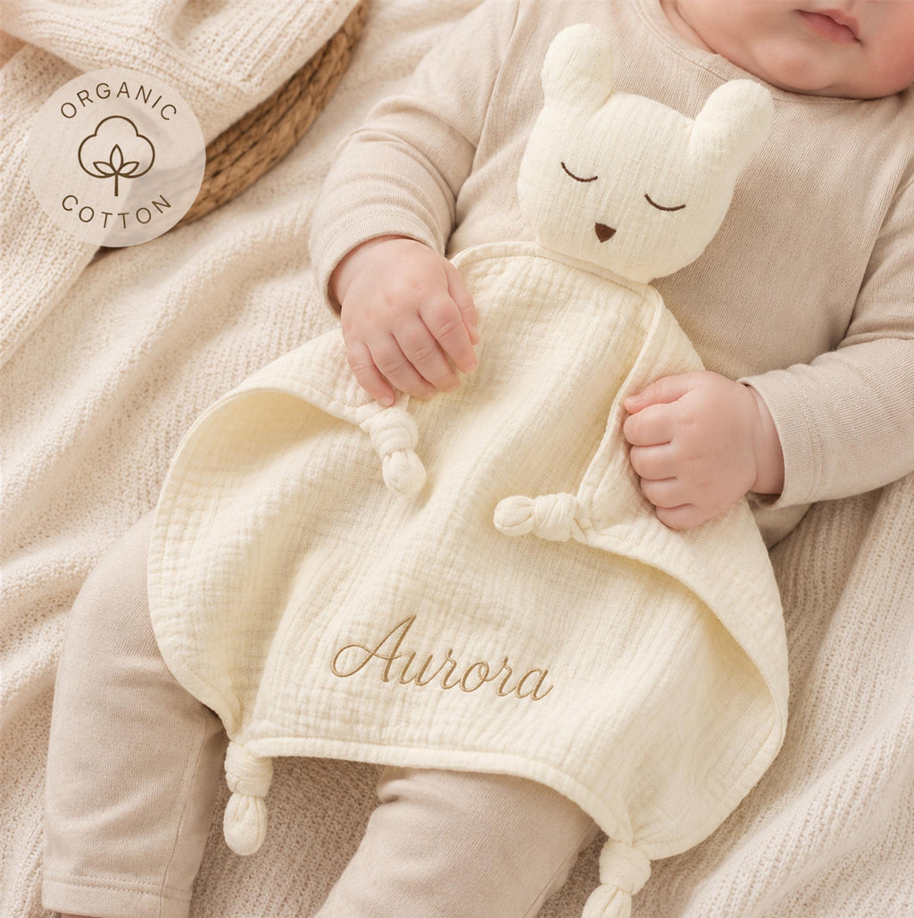 Personalized Organic Cotton Bear Lovey, Custom Name Embroidery, Baby Gift
