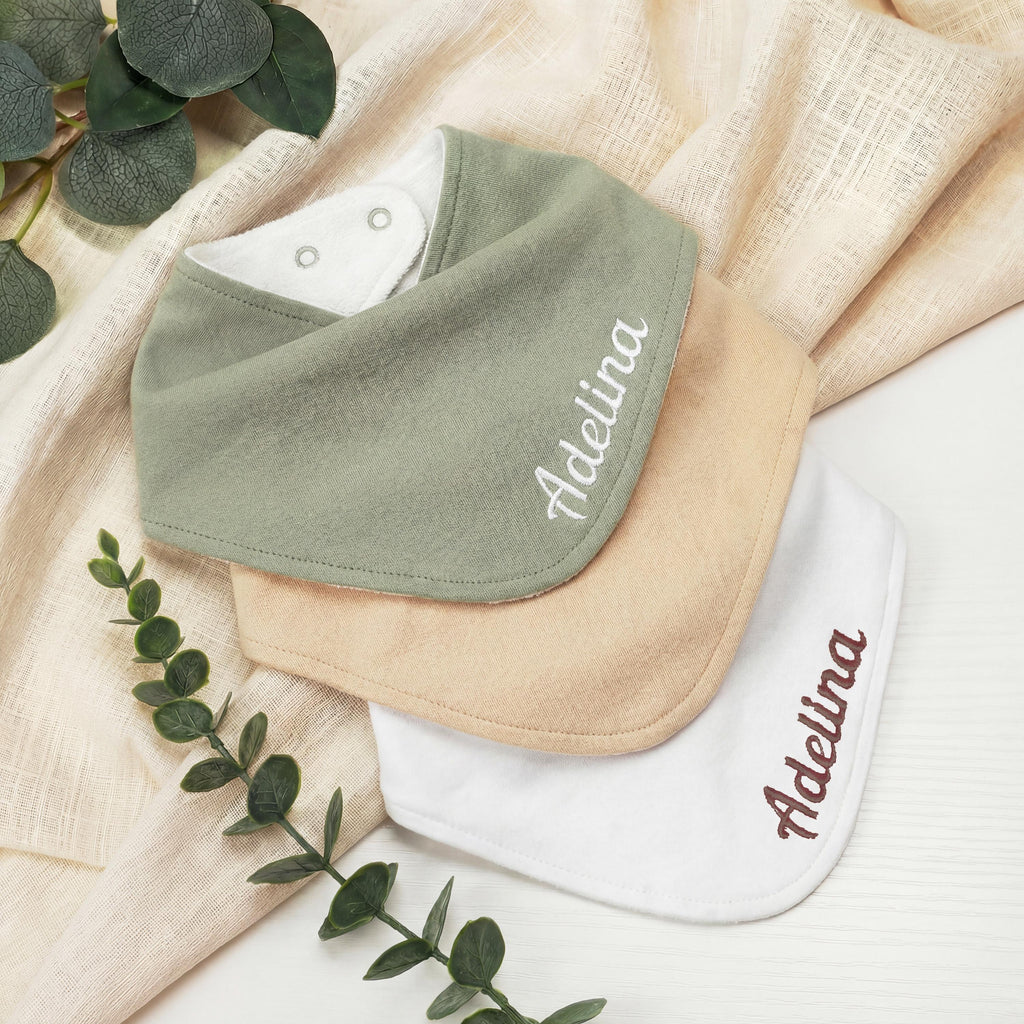 Organic Cotton Baby Bandana Bib, Personalized Name Embroidery, Neutral Drool Bib
