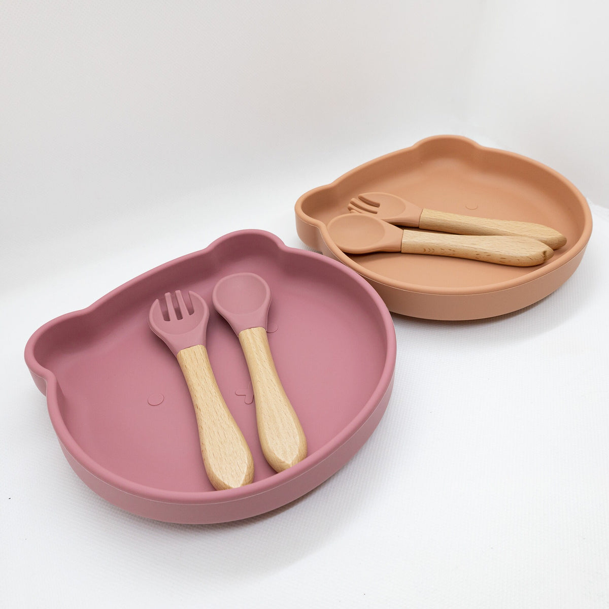 Personalized Bear Silicone Weaning Set | Engraved Wooden Spoon Fork Mealtime Tableware