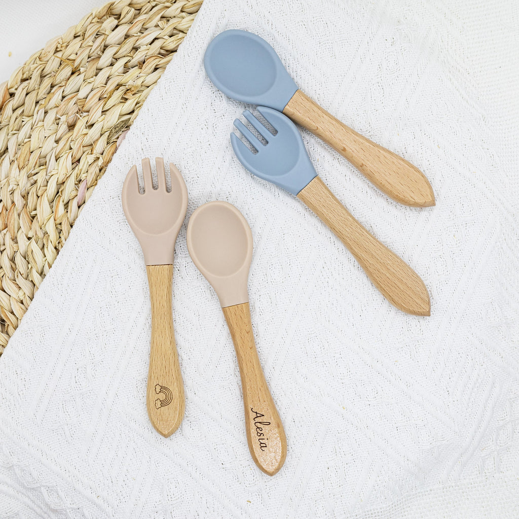 Personalized Silicone Baby Spoon and Fork Set, Wood Handle,baby shower gift