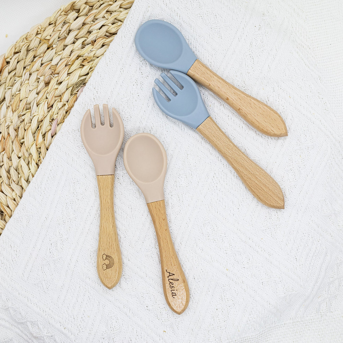 Personalized Silicone Baby Spoon and Fork Set, Wood Handle,baby shower gift