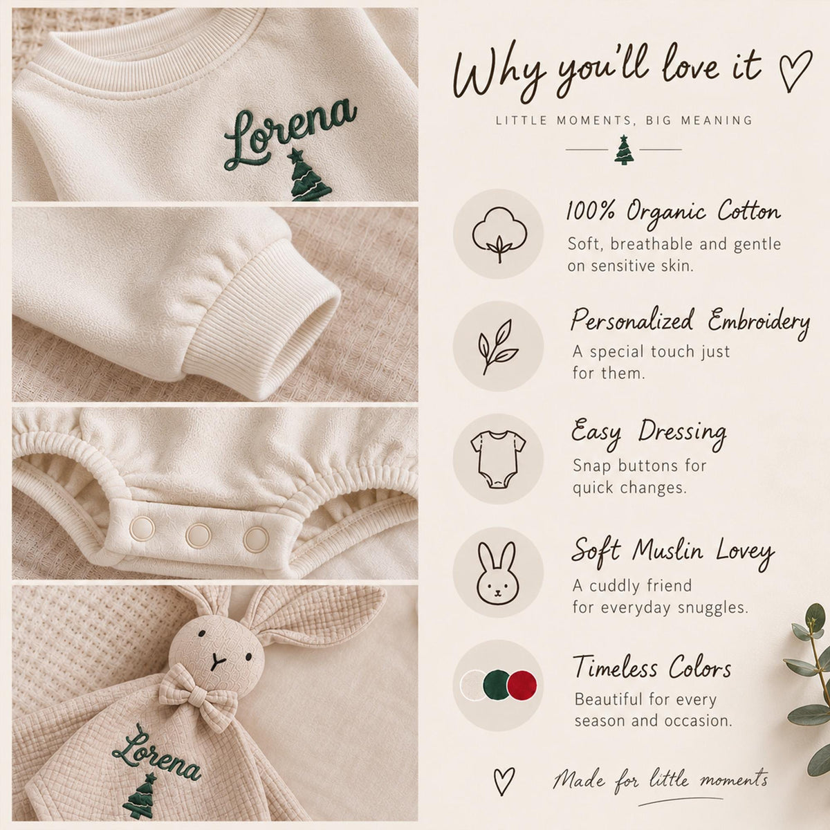 Personalized Christmas Baby Romper & Bunny Lovey Set, Organic Cotton Baby Outfit, Embroidered Name, Baby’s First Christmas Gift