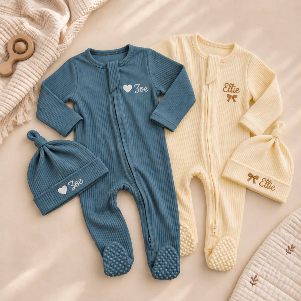 Personalized Baby Romper and Hat Set, Custom Name Organic Cotton Newborn Outfit, Embroidered Baby Gift