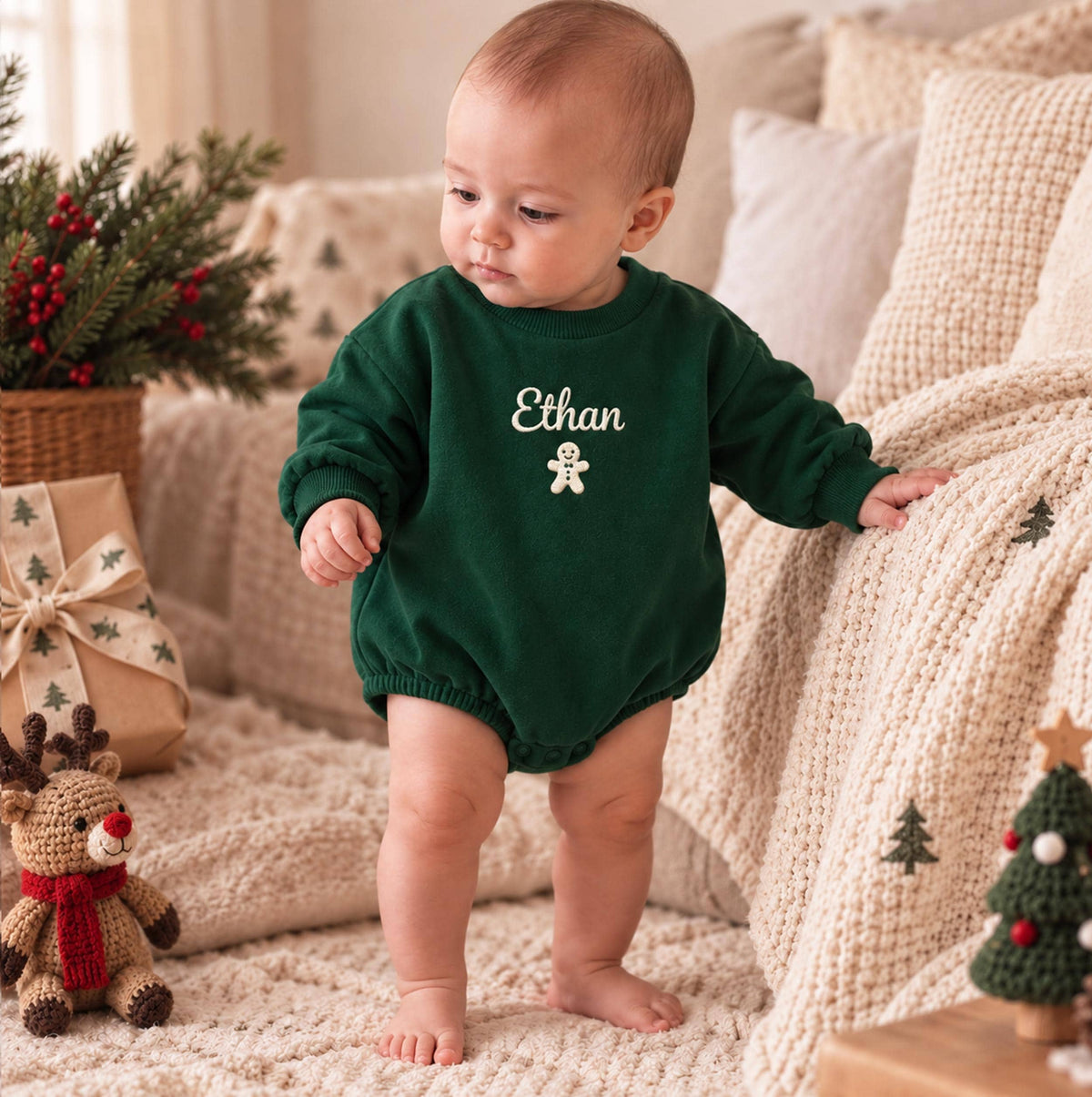 Personalized Baby Christmas Romper, 100% Organic Cotton, Custom Name Embroidery (First Christmas Outfit), Baby first Christmas Gift