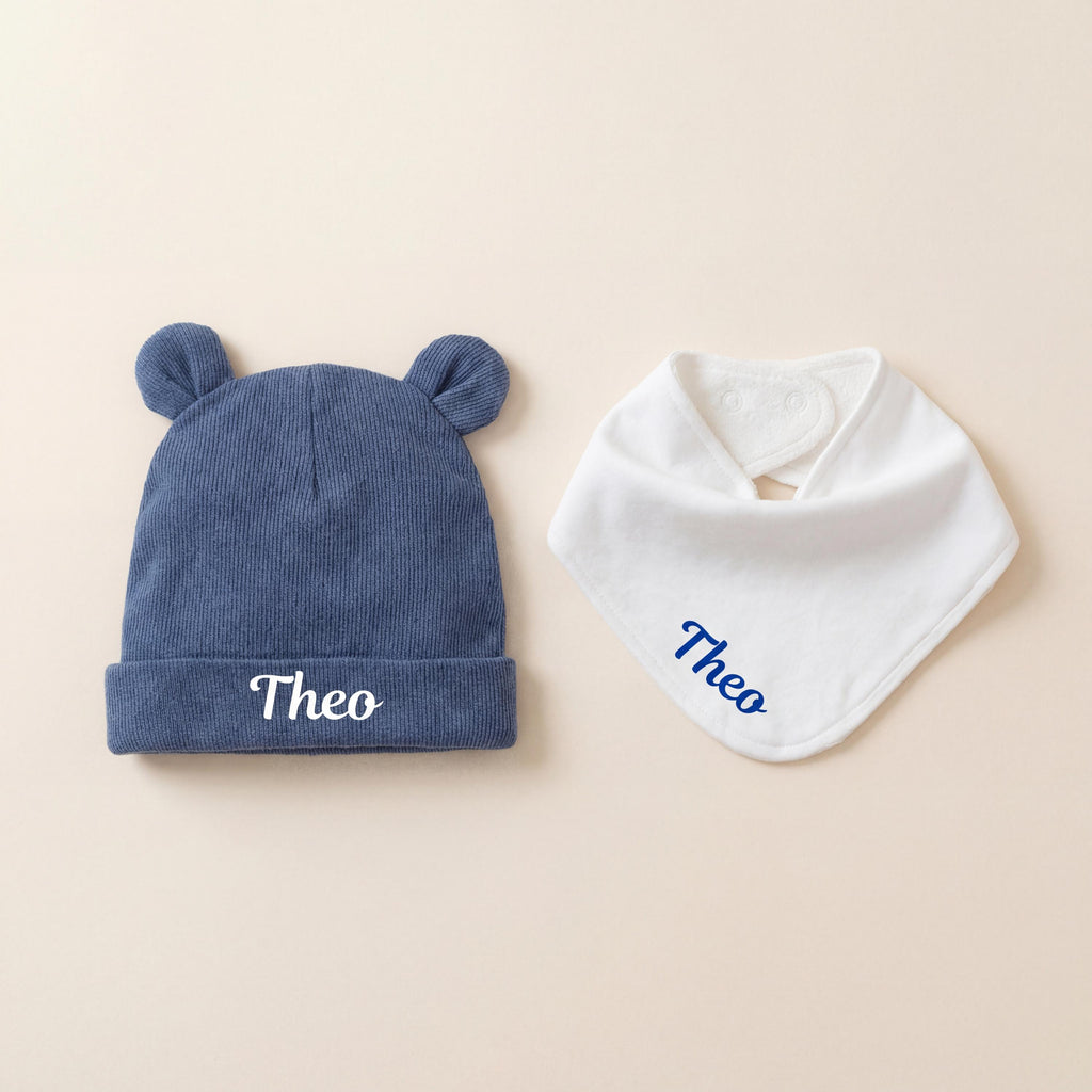 Personalized Organic Baby Gift Set, Embroidered Bib & Hat with box