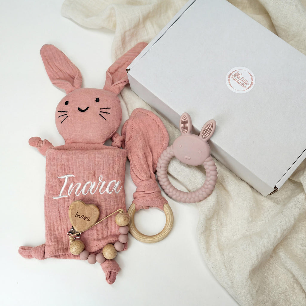 Personalized Bunny Baby Lovey Gift Set – Embroidered Muslin, Pacifier Clip, Silicone Toy