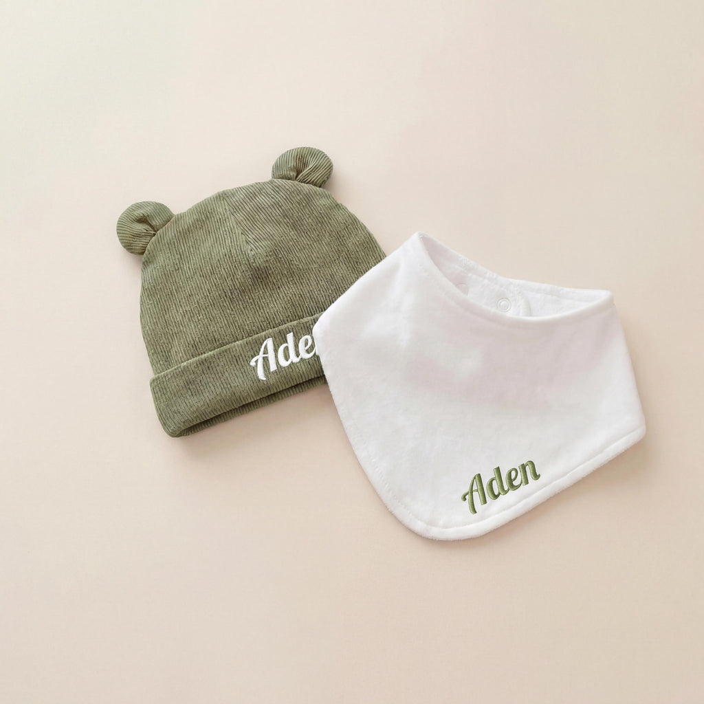 Personalized Organic Baby Gift Set, Embroidered Bib & Hat with box