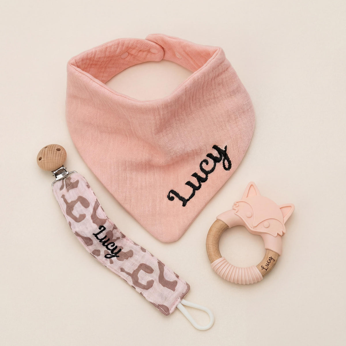 Personalized Baby Girl Gift Set, Embroidered Bib, Pacifier Clip & Engraved Wood Toy