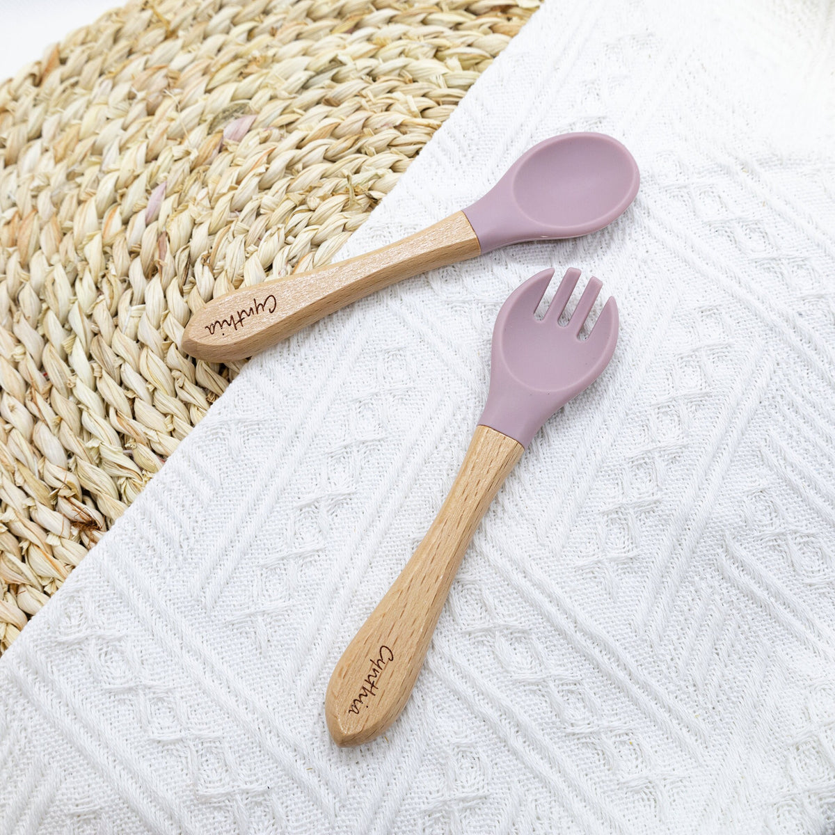 Personalized Silicone Baby Spoon and Fork Set, Wood Handle,baby shower gift