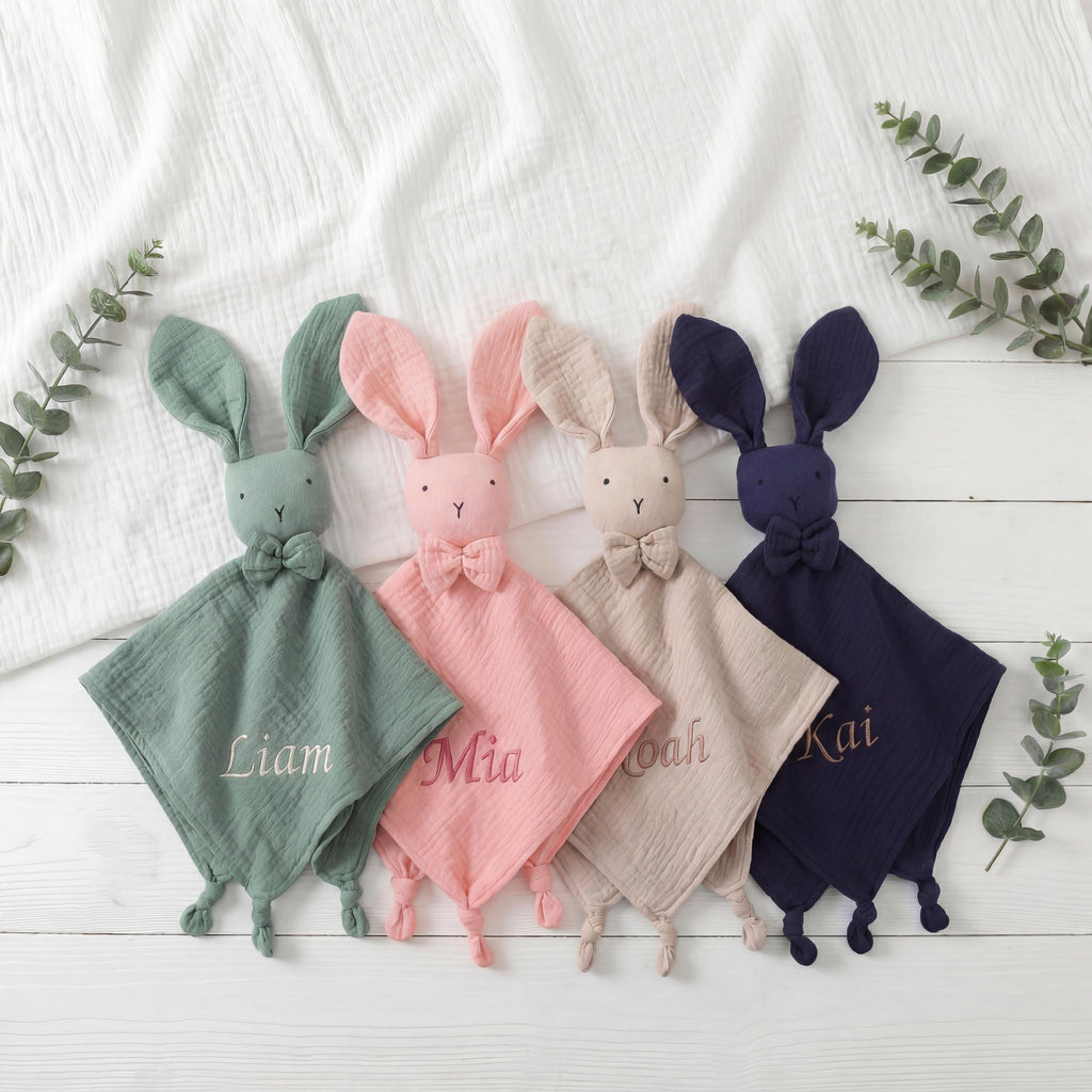 Personalized Organic Cotton Bunny Lovey, Custom Embroidered Baby Comforter