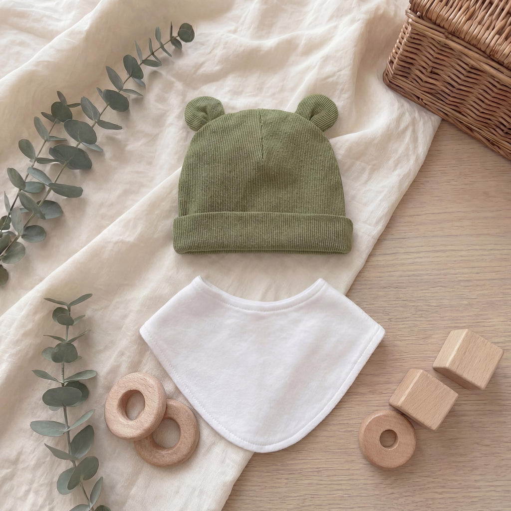 Personalized Organic Baby Gift Set, Embroidered Bib & Hat with box