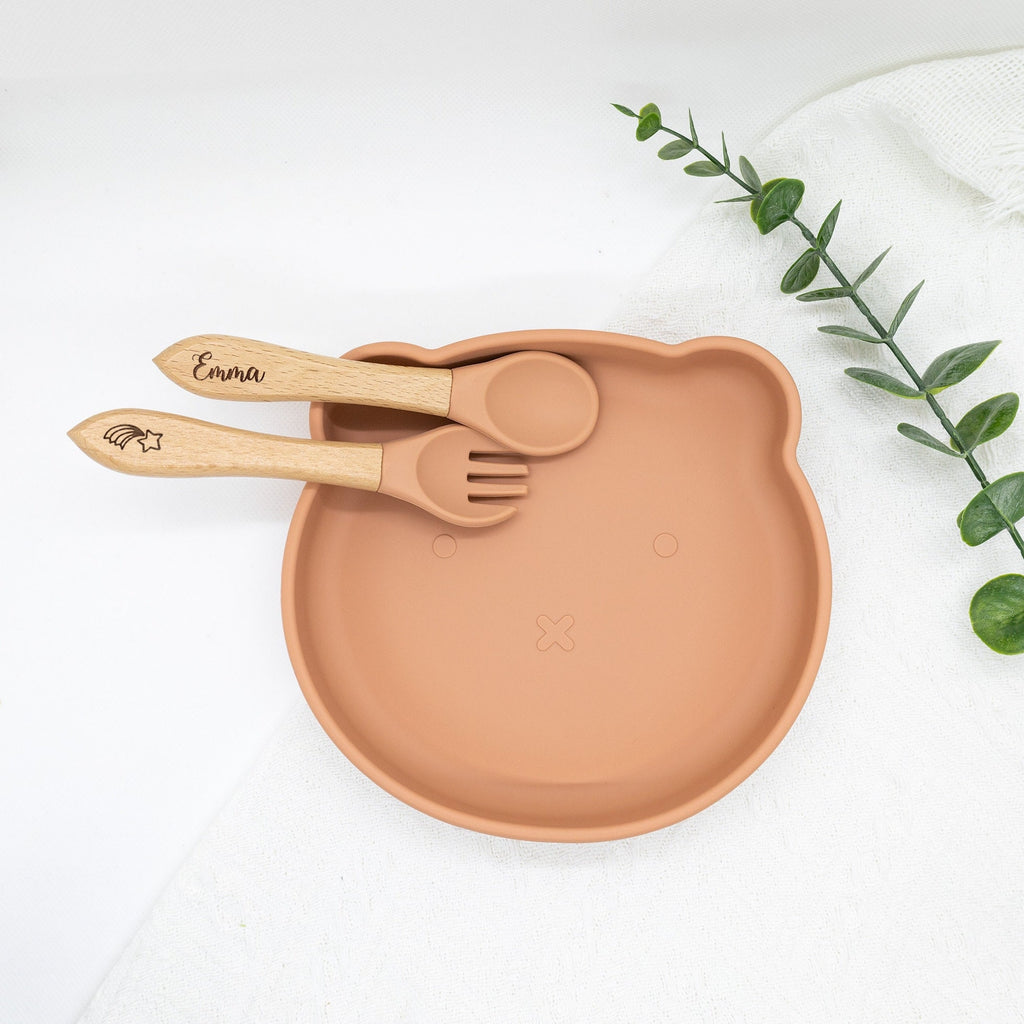 Personalized Bear Silicone Weaning Set | Engraved Wooden Spoon Fork Mealtime Tableware
