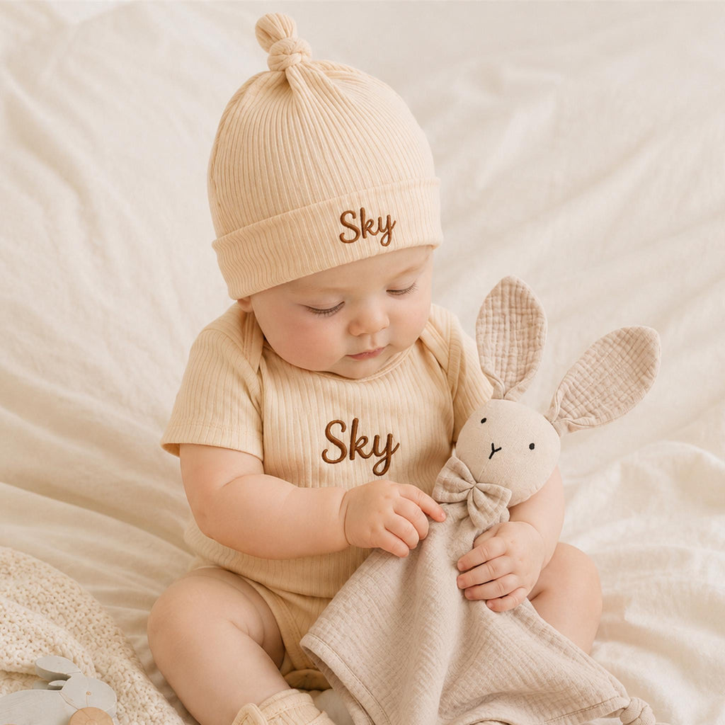 Personalized Organic Cotton Baby Gift Set, Embroidered Bodysuit, Hat, Lovey