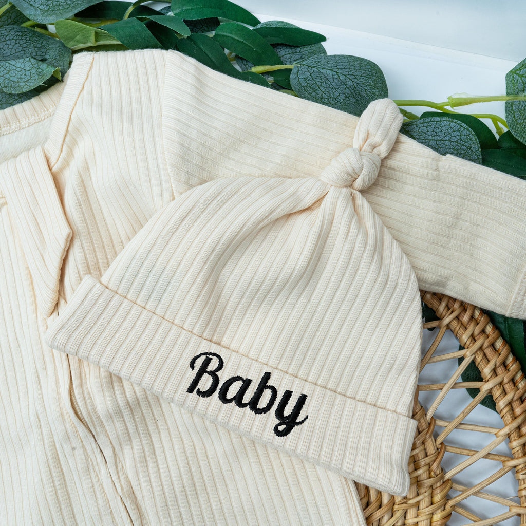 Personalized Baby Outfit Set | Romper and Hat Set | Organic Cotton | Custom Name Newborn Coming Home Outfit | Neutral Baby Shower Gift