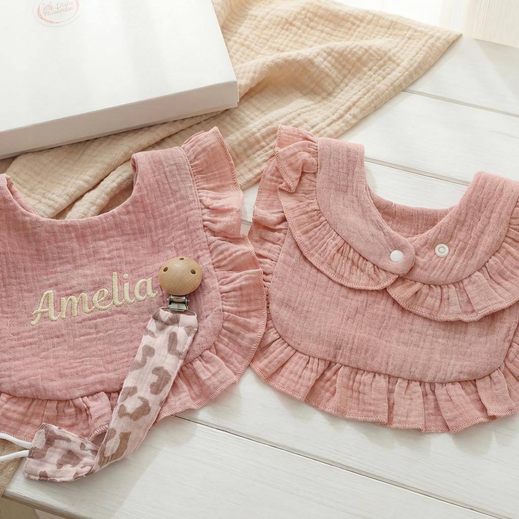 Personalized Muslin Baby Gift Set, Embroidered Bib & Pacifier Clip