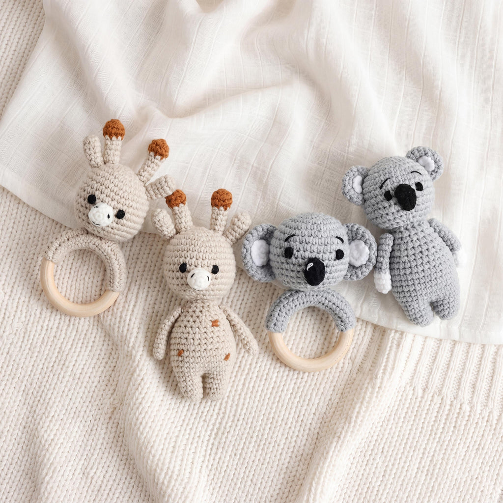 Personalized Crochet Baby Toy | Custom Name Plush or 2pcs Set | Handmade Animal Wooden Ring Toy | Baby Shower Gift
