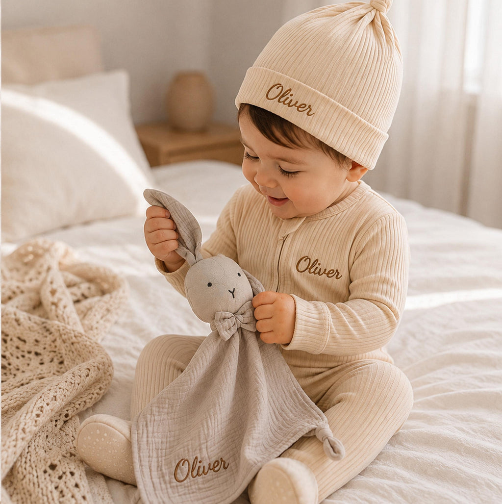 Personalized Baby Romper, Hat & Bunny Lovey Set, Newborn Gift (Organic Cotton)
