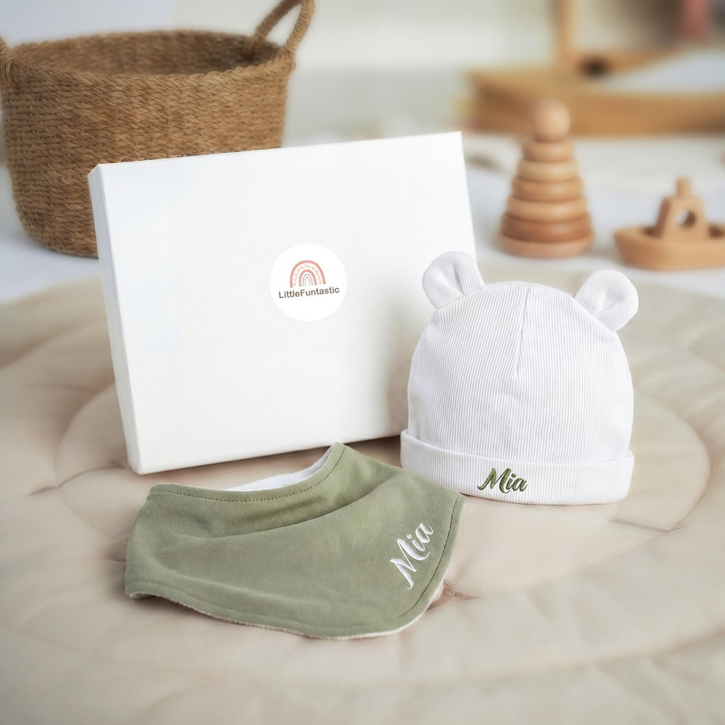 Personalized Organic Baby Gift Set, Embroidered Bib & Hat with box