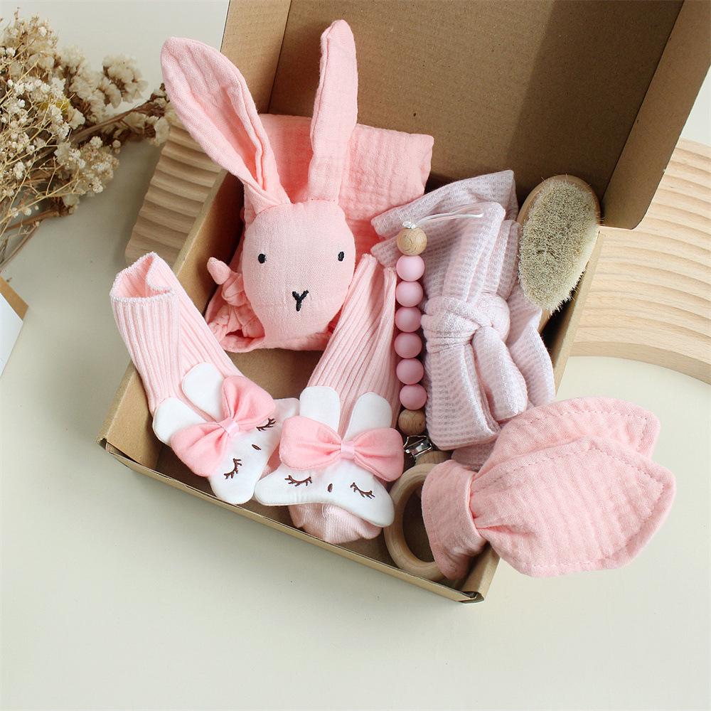 Personalized Bunny Lovey Gift Set: Embroidered Muslin, Pacifier Clip & Toy, Pink Bunny