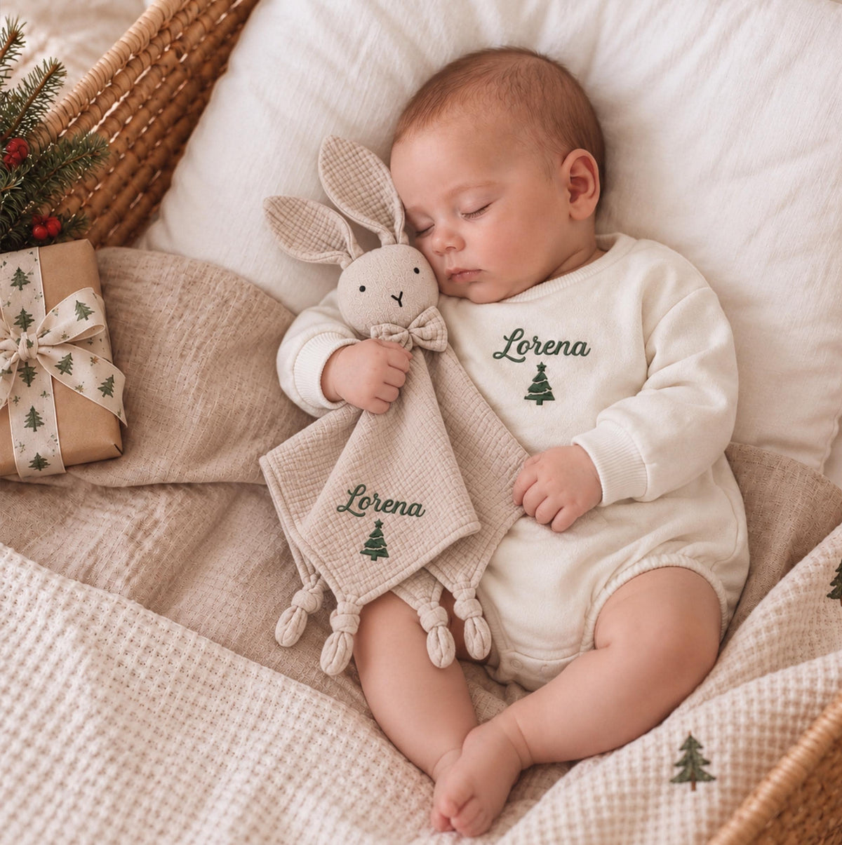 Personalized Christmas Baby Romper & Bunny Lovey Set, Organic Cotton Baby Outfit, Embroidered Name, Baby’s First Christmas Gift