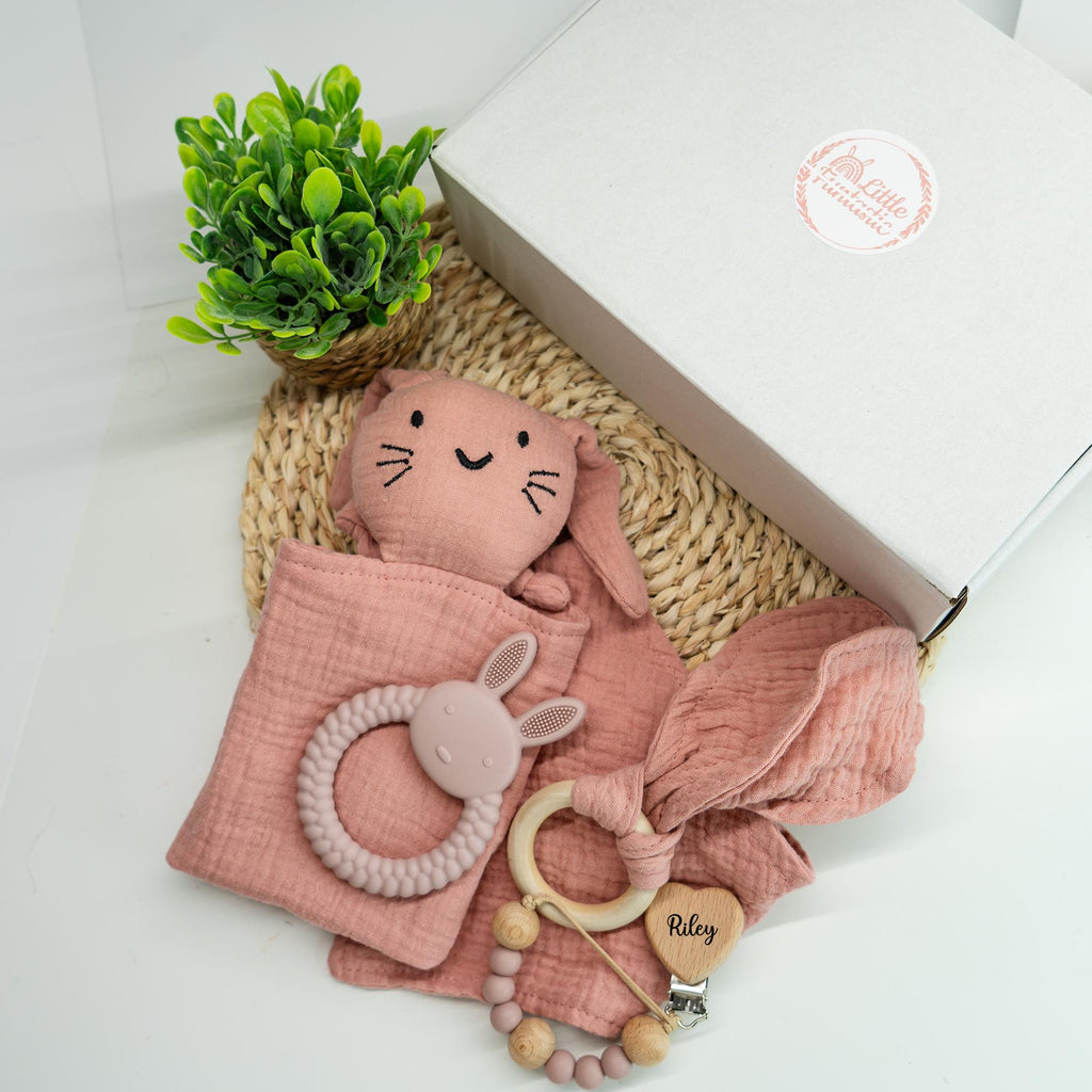 Personalized Bunny Lovey Gift Set – Embroidered Muslin, Pacifier Clip & Toy