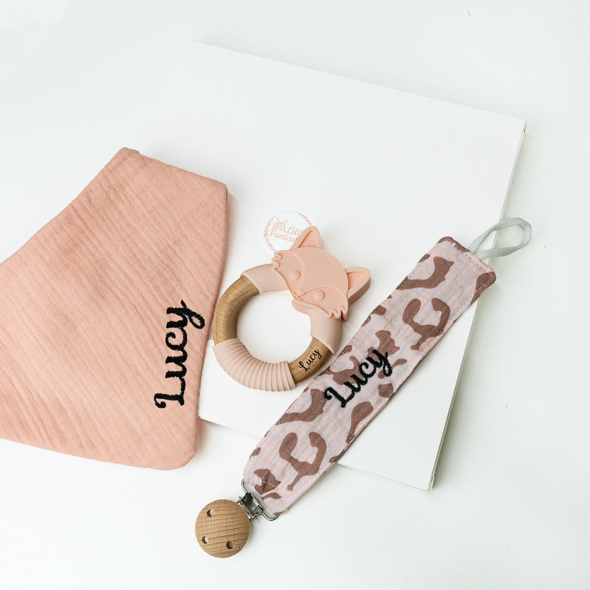 Personalized Baby Girl Gift Set, Embroidered Bib, Pacifier Clip & Engraved Wood Toy